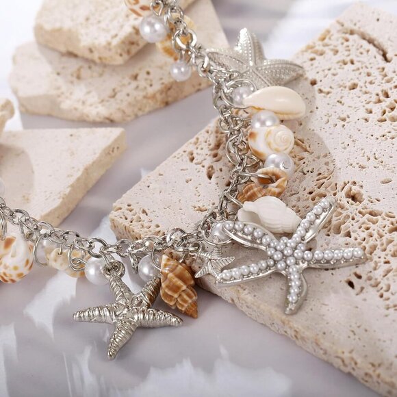Seashell Jewelry Set Beach Necklace Bracelet Conch Starfish Faux Pearl Women - Picture 5 of 5